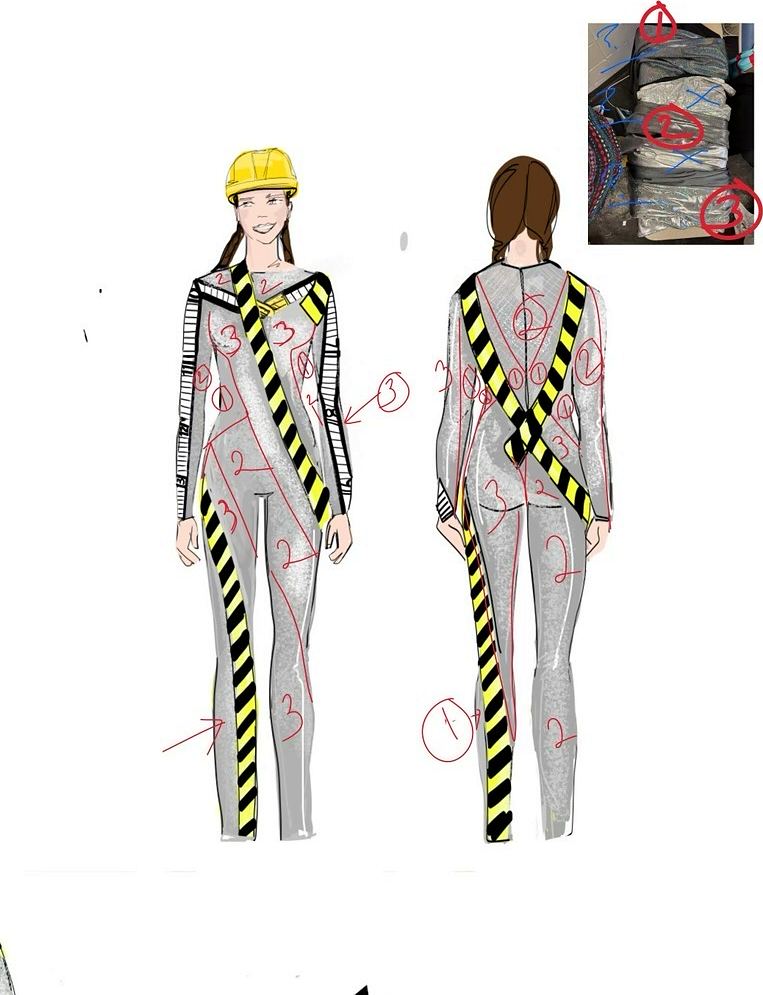 Construction worker look in a gray jumpsuit with yellow and black hazard stripes, Big Apple Circus. Costume sketch by Cynthia Nordstrom