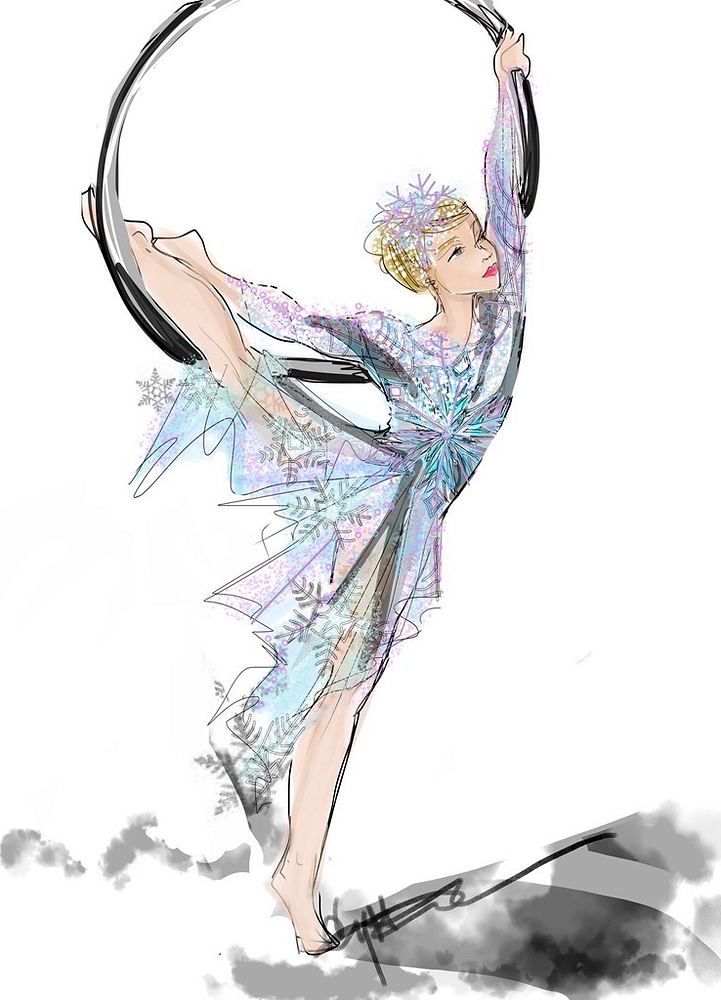 Aerialist on a hoop in an iridescent snowflake costume with sheer panels, Big Apple Circus. Costume sketch by Cynthia Nordstrom