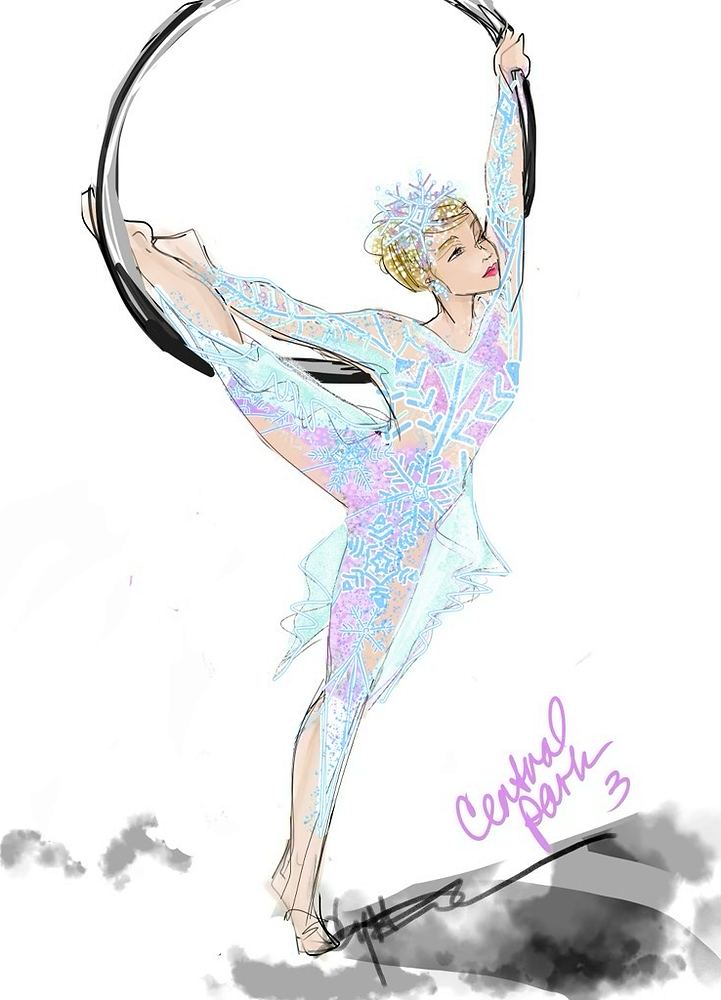 Aerialist on a hoop in a pale iridescent snowflake bodysuit, Central Park, Big Apple Circus. Costume sketch by Cynthia Nordstrom