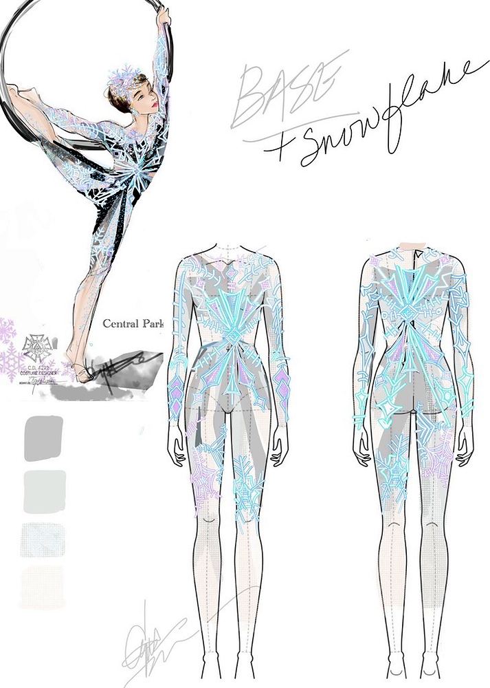Aerial snowflake bodysuit, front and back flats with color swatches, Big Apple Circus. Costume sketch by Cynthia Nordstrom