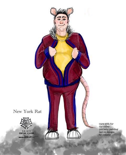 New York Rat in a maroon tracksuit jacket and yellow tee with fur collar, Big Apple Circus. Costume sketch by Cynthia Nordstrom