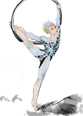 Aerialist on a hoop in a silver bodysuit with black snowflake pattern, Big Apple Circus. Costume sketch by Cynthia Nordstrom