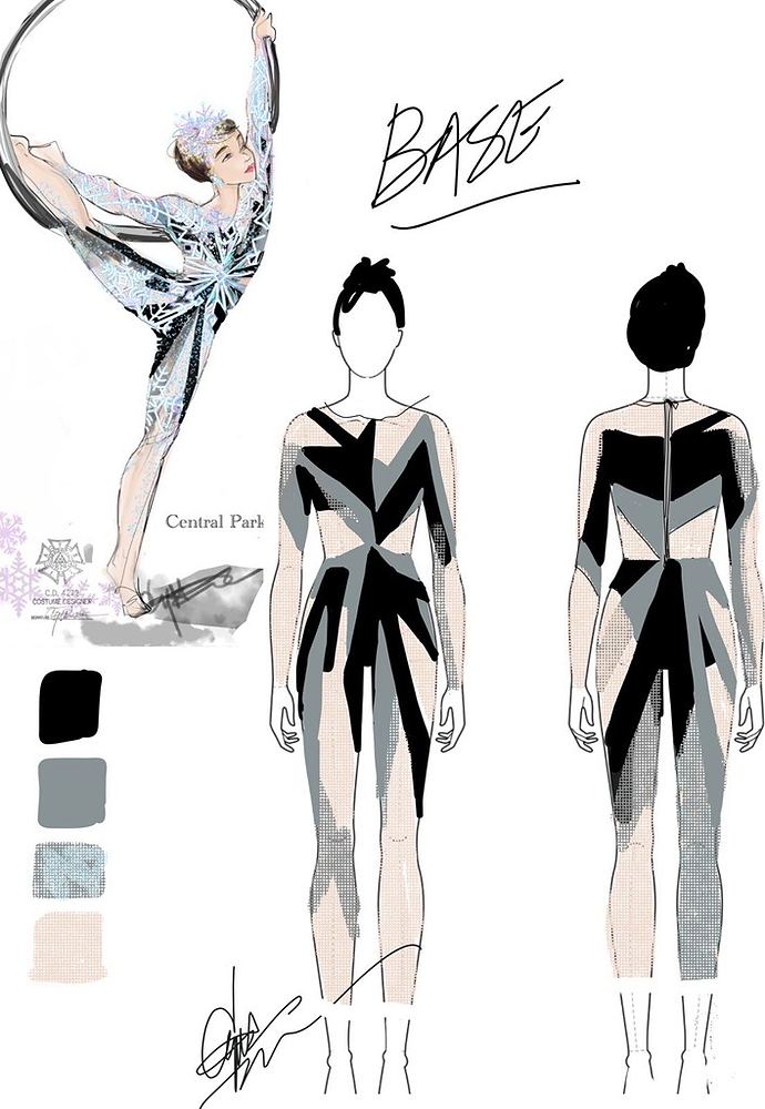 Black and silver geometric aerial bodysuit, front and back flats, Big Apple Circus. Costume sketch by Cynthia Nordstrom