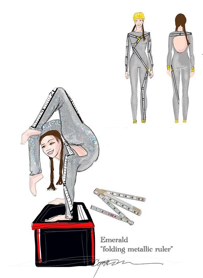 Emerald, a contortionist in a silver folding metallic ruler bodysuit, Big Apple Circus. Costume sketch by Cynthia Nordstrom