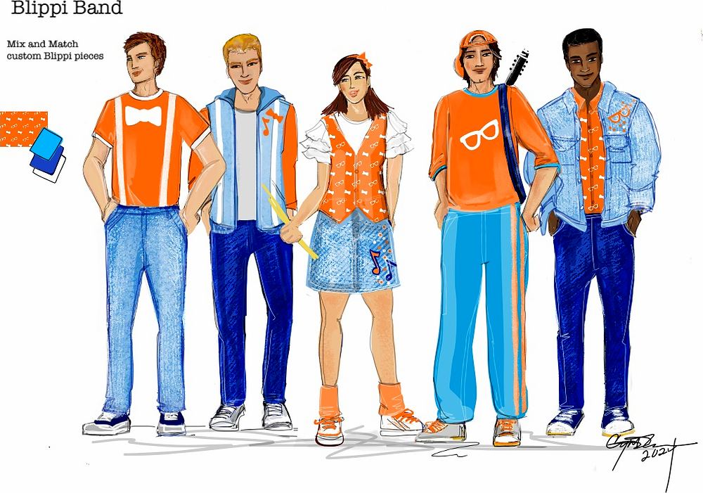 Blippi: Join the Band Tour: costume sketch of the Blippi Band. Costume sketch by Cynthia Nordstrom