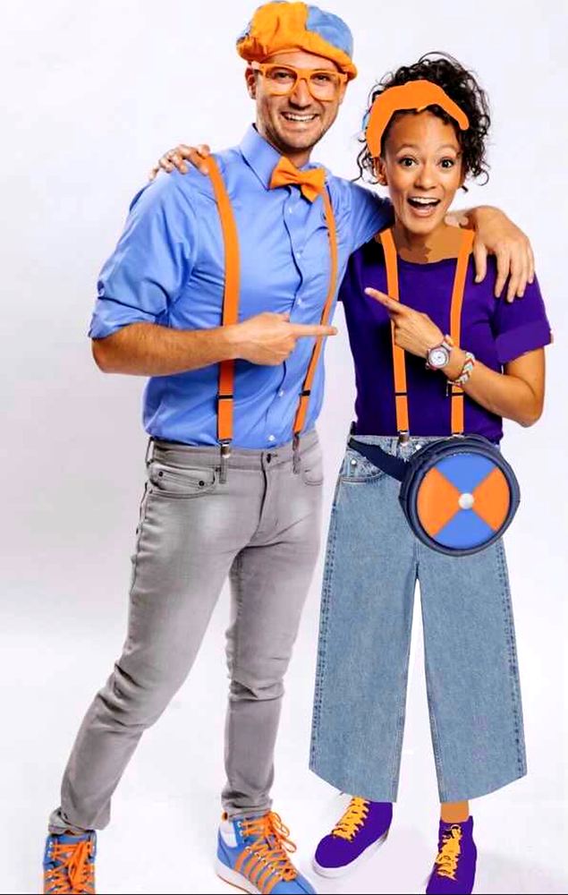 Blippi and Meekah costume looks, full length. Costume design by Cynthia Nordstrom