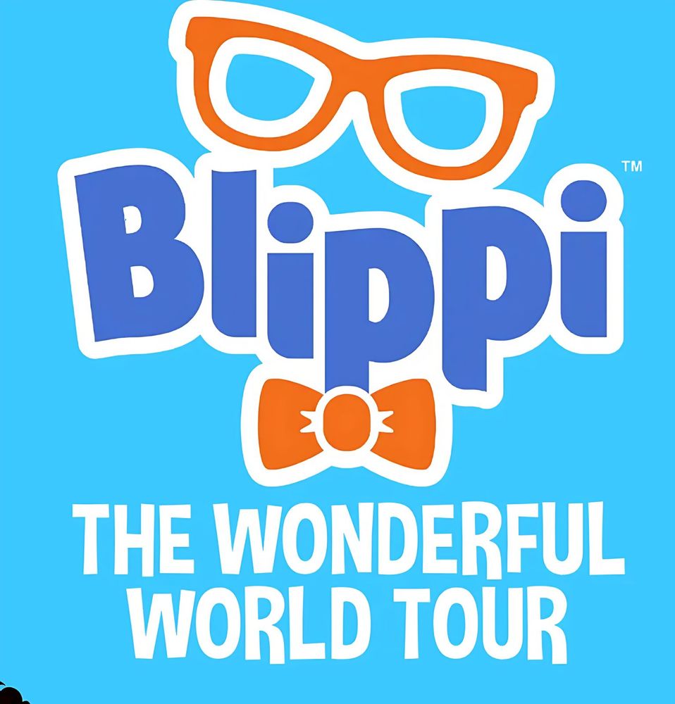 Blippi: The Wonderful World Tour logo with orange glasses and bow tie