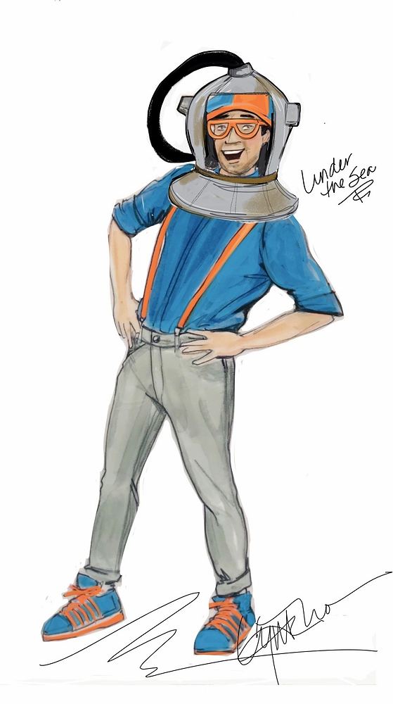Blippi in a blue shirt, orange suspenders and gray pants with an underwater helmet, Blippi tour. Costume sketch by Cynthia Nordstrom