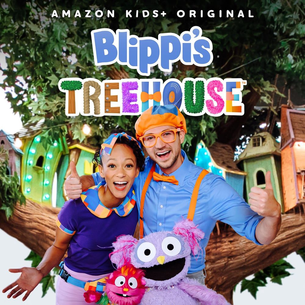 Blippi's Treehouse, an Amazon Kids+ Original, key art with Blippi, Meekah and puppets