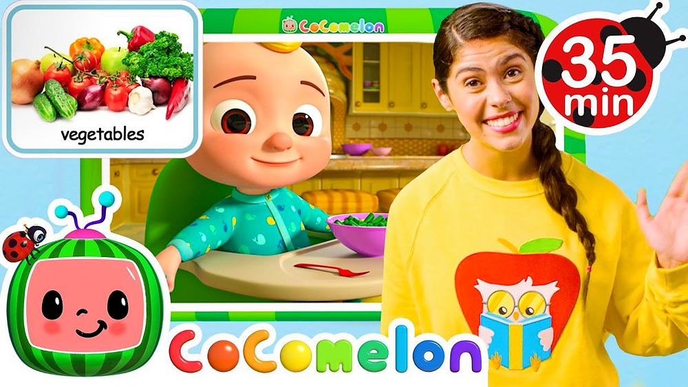 Ms. Appleberry in her live-action yellow sweatshirt with JJ, CoComelon pilot key art. Costume design by Cynthia Nordstrom