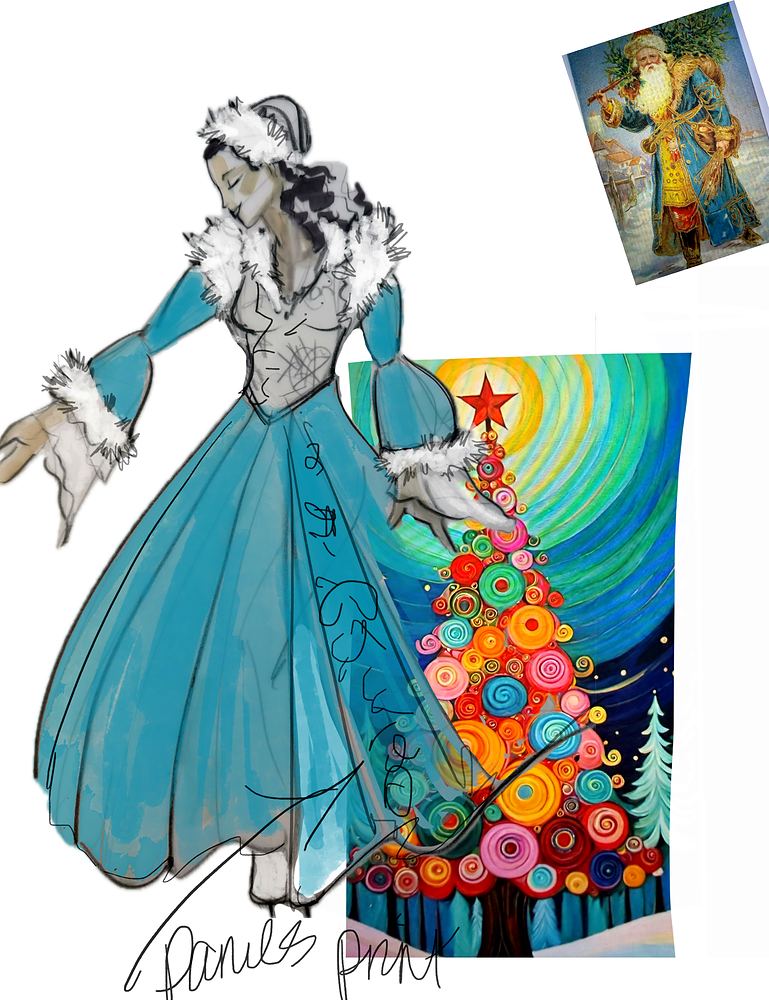 Concept art: teal gown design with fabric swatches. Costume design by Cynthia Nordstrom