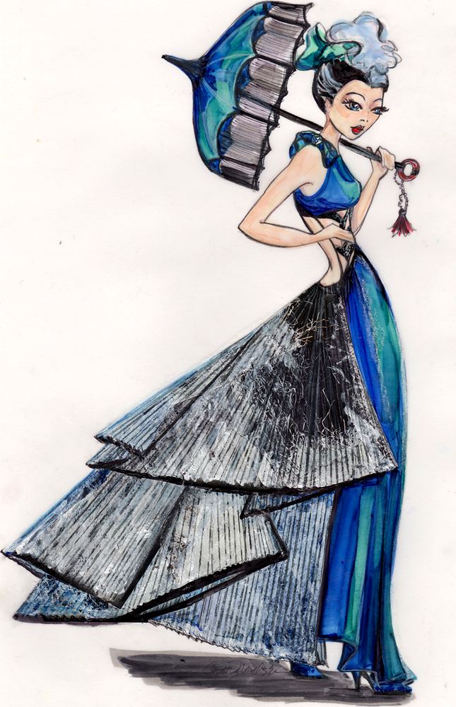 Woman with a parasol in a blue top and layered gray pleated skirt, concept art. Costume sketch by Cynthia Nordstrom