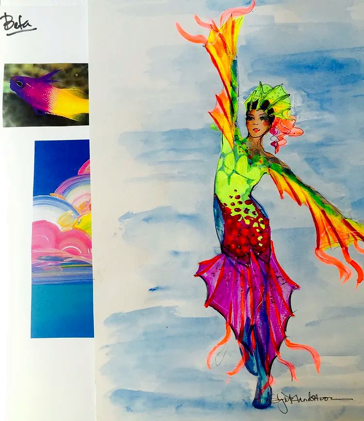 Concept illustration: feathered figure in green, pink and orange with fabric swatches. Costume sketch by Cynthia Nordstrom