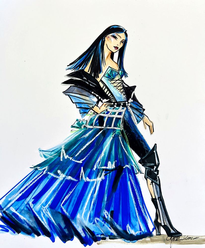 Woman with long black hair in armored blue bodice and tiered blue skirt, concept art. Costume sketch by Cynthia Nordstrom