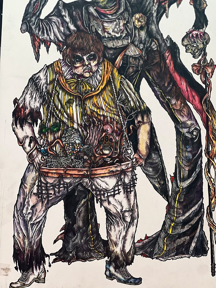 Gnarled tree creature costume in gray and green with a lantern, concept art. Costume sketch by Cynthia Nordstrom