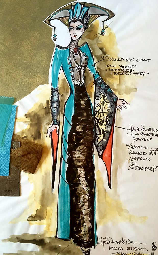 Queen in a sculpted teal collar coat over a hand-painted brown gown, concept art. Costume sketch by Cynthia Nordstrom