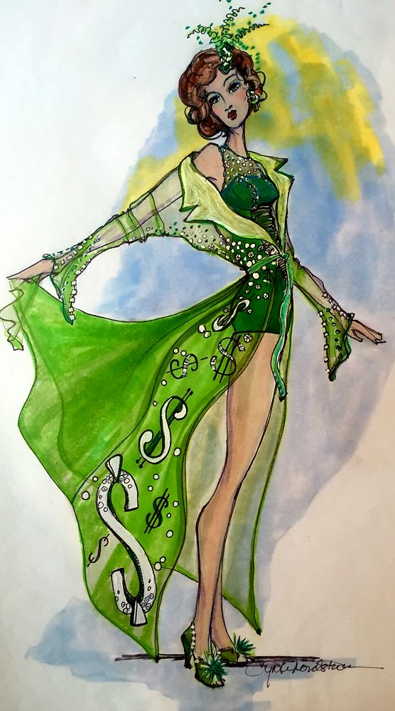Concept illustration: green costume with a sheer cape covered in dollar signs. Costume sketch by Cynthia Nordstrom