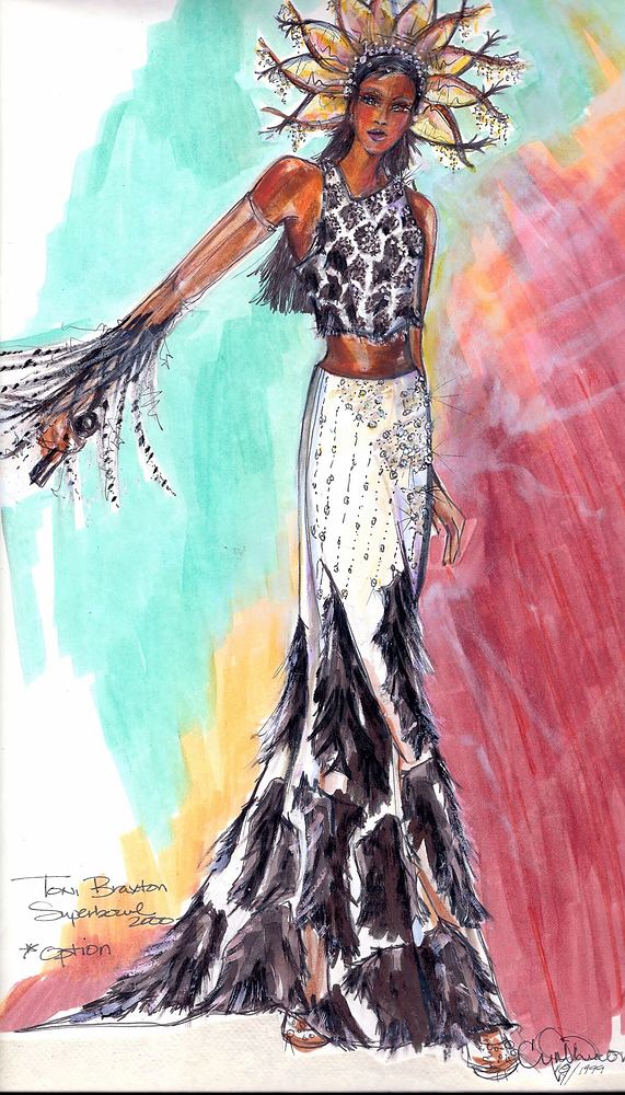 Woman in a sunburst headdress, beaded crop top and fringed sheath skirt, concept art. Costume sketch by Cynthia Nordstrom