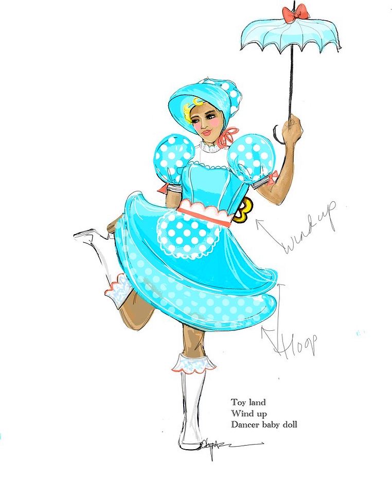 Toy Land wind-up baby doll dancer in a blue polka dot dress with umbrella, concept art. Costume sketch by Cynthia Nordstrom