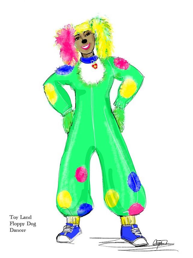 Toy Land floppy dog dancer in a green polka dot jumpsuit and pink and yellow ears, concept art. Costume sketch by Cynthia Nordstrom