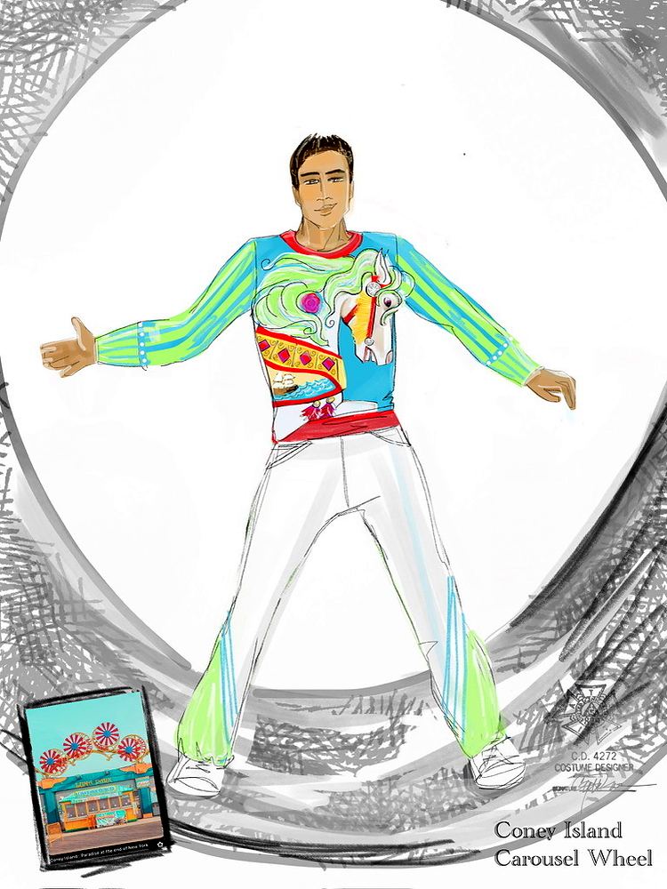 Coney Island carousel wheel performer in a colorful print top and white pants, concept art. Costume sketch by Cynthia Nordstrom