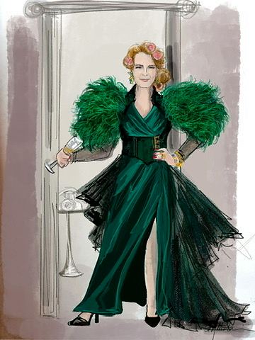 Woman in a green velvet gown with huge green feather sleeves in a doorway, concept art. Costume sketch by Cynthia Nordstrom