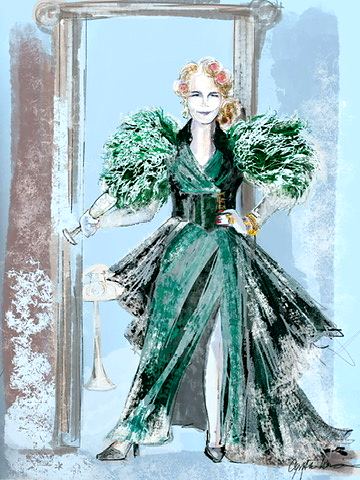 Green feather sleeve gown with a sheer black overskirt, icy blue version, concept art. Costume sketch by Cynthia Nordstrom