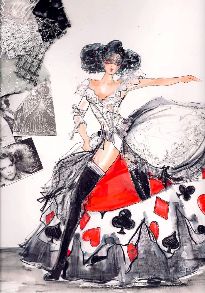 Concept sketch: a Queen of Hearts gown with playing-card skirt and fabric swatches. Costume sketch by Cynthia Nordstrom