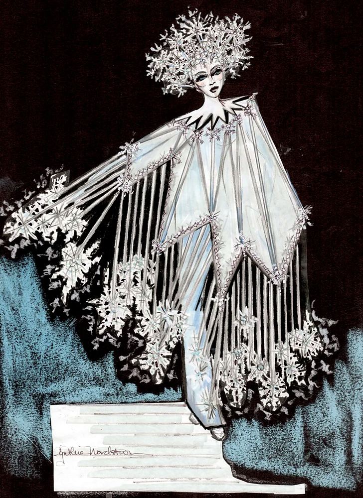 Concept illustration: figure in a white feather headdress, ink on black. Costume sketch by Cynthia Nordstrom