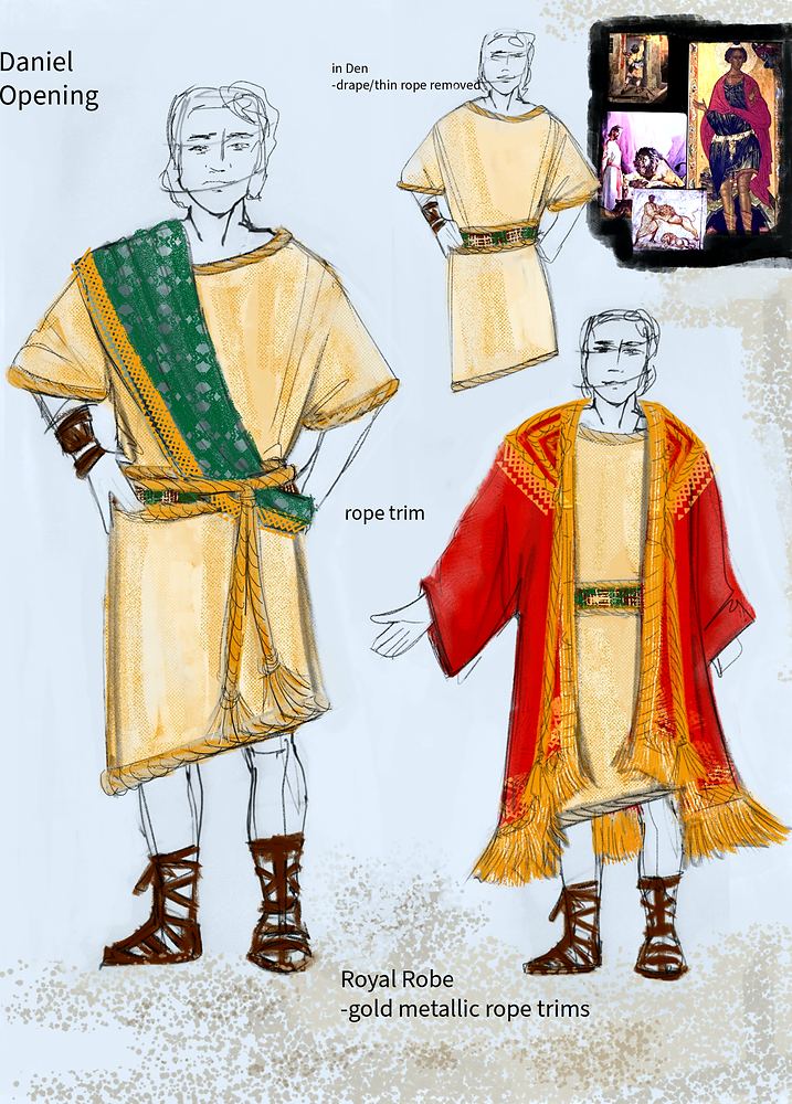 Daniel in the Lions’ Den: costume sketch for Daniel’s opening look and royal robe. Costume sketch by Cynthia Nordstrom
