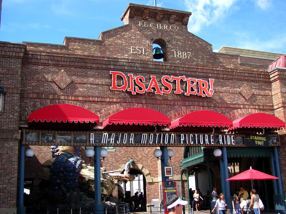 Disaster! A Major Motion Picture Ride… Starring You: the attraction marquee at Universal Studios Florida. Costume design by Cynthia Nordstrom