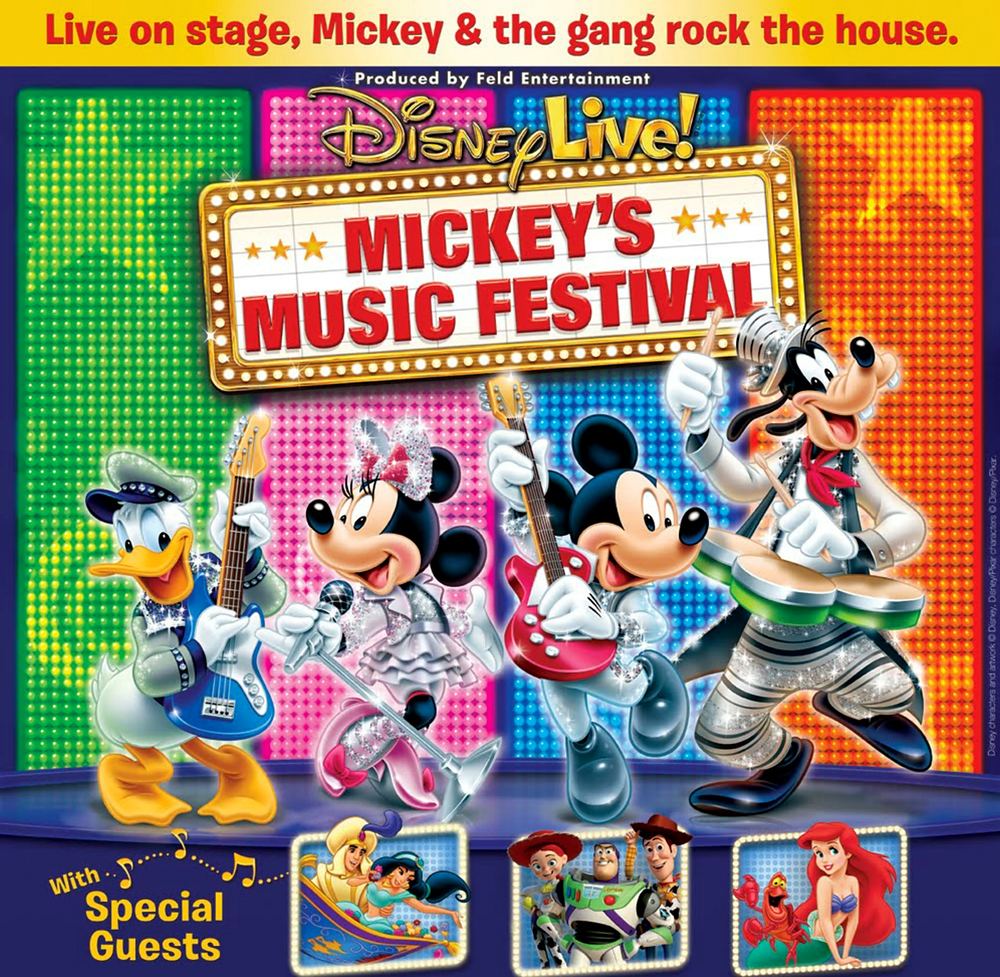 Disney Live! Mickey's Music Festival key art: Goofy, Donald, Mickey and Minnie as a rock band on a concert stage
