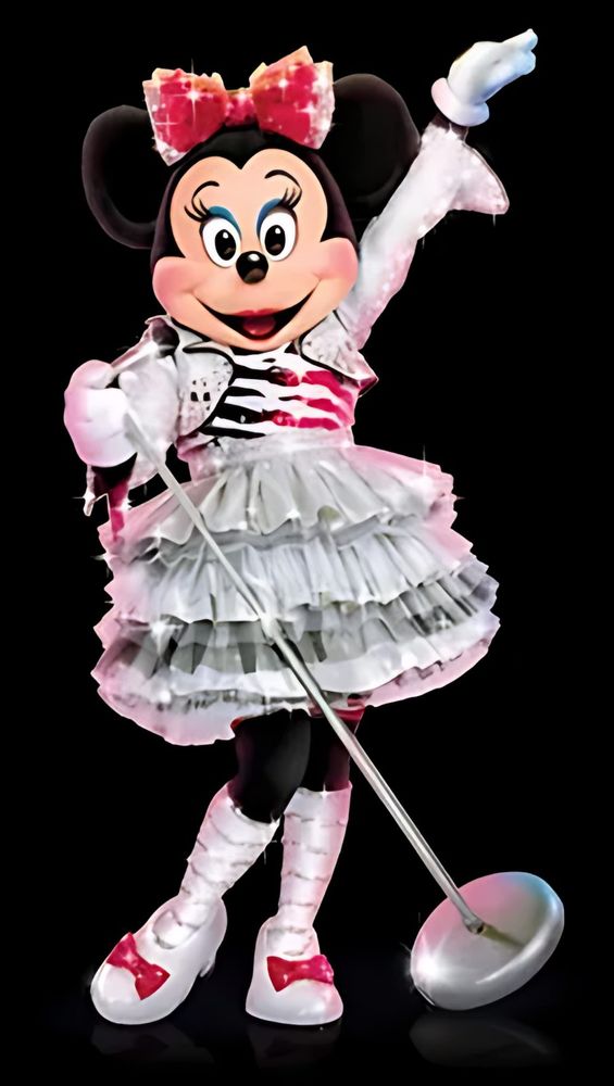 Minnie Mouse in a silver studded jacket and ruffled tulle skirt with a mic stand, Mickey's Music Festival. Costume design by Cynthia Nordstrom
