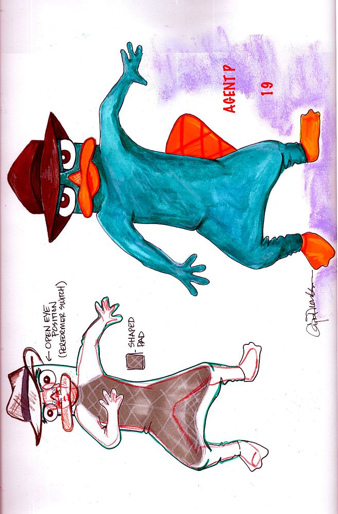 Agent P leaping in a teal platypus suit and fedora, Phineas and Ferb Live. Costume sketch by Cynthia Nordstrom