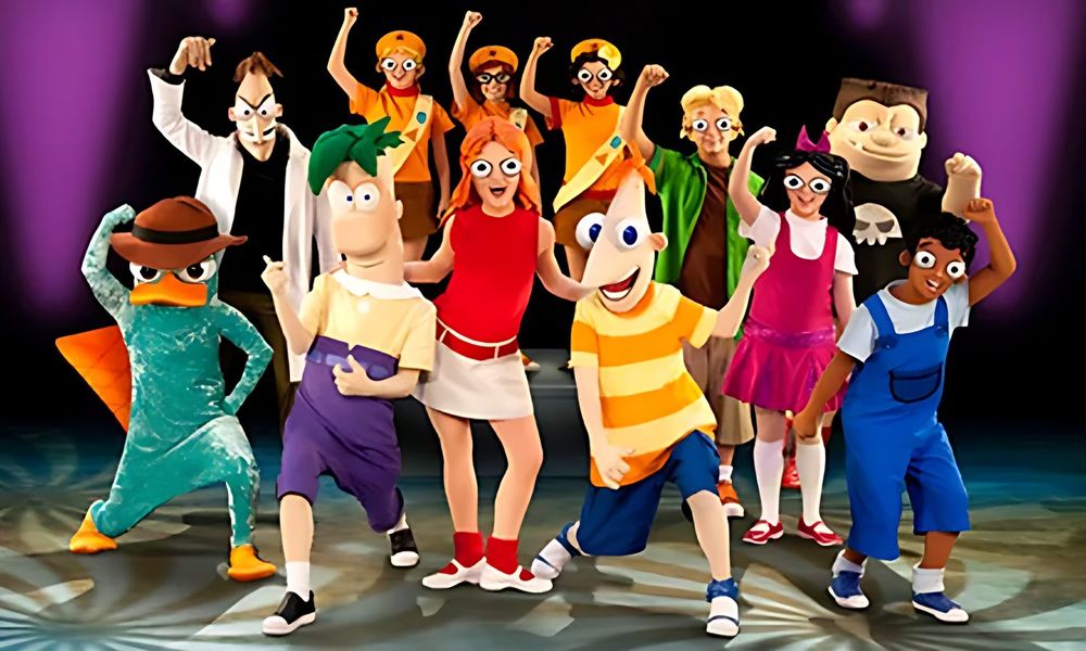 Curtain call with Phineas, Ferb, Agent P, Candace and friends, Phineas and Ferb Live. Costume design by Cynthia Nordstrom