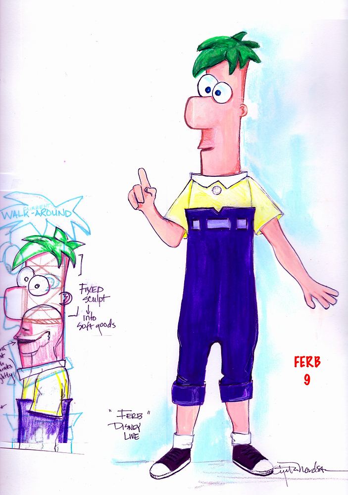 Ferb in a yellow shirt and purple overalls, with a head study, Phineas and Ferb Live. Costume sketch by Cynthia Nordstrom