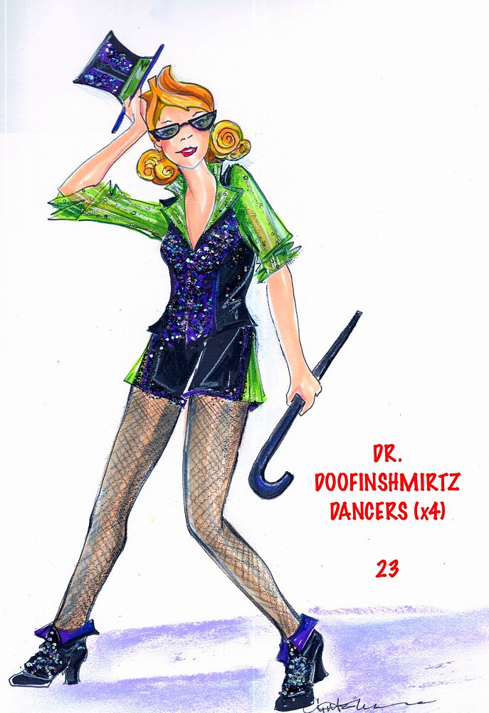 Doofenshmirtz dancer in green jacket, sequin shorts, fishnets and top hat, Phineas and Ferb Live. Costume sketch by Cynthia Nordstrom