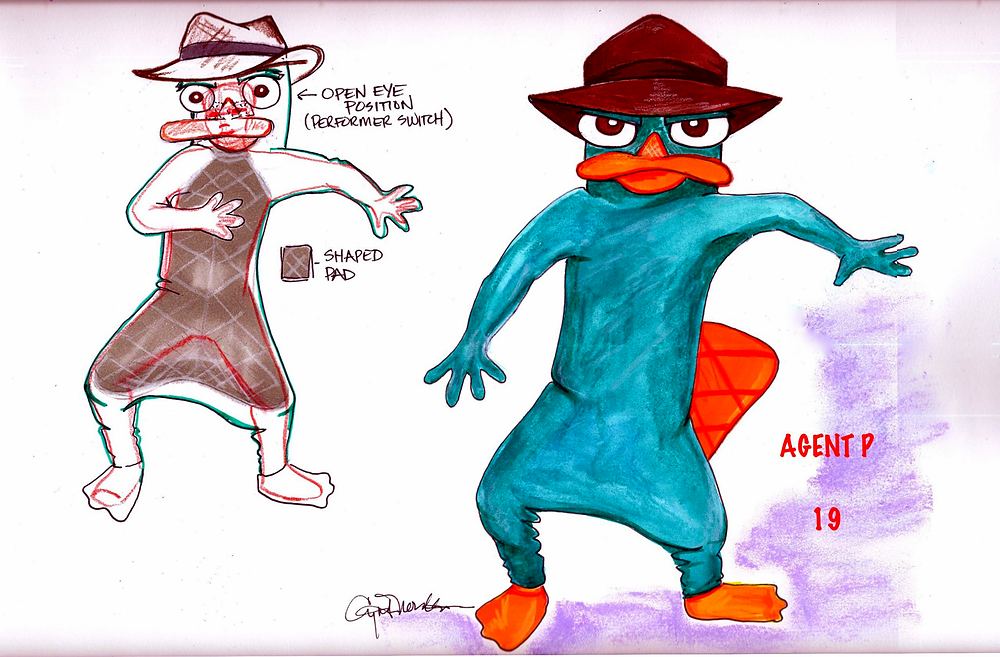 Agent P, teal platypus suit with brown fedora, plus underlayer study, Phineas and Ferb Live. Costume sketch by Cynthia Nordstrom