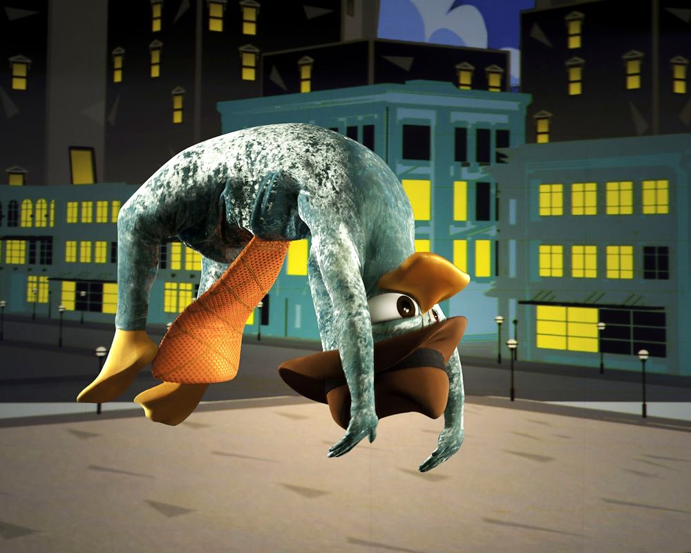 Agent P in a teal platypus suit and fedora in a low pose before a city set, Phineas and Ferb Live. Costume design by Cynthia Nordstrom