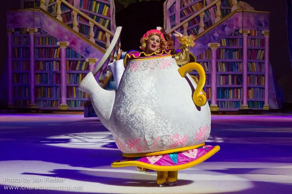 Mrs. Potts teapot costume skating in the library set, Rockin' Ever After. Costume design by Cynthia Nordstrom