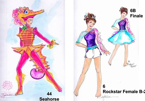 Disney On Ice Rockin' Ever After: costume sketch sheet, Seahorse, Rockstar and Finale. Costume sketch by Cynthia Nordstrom