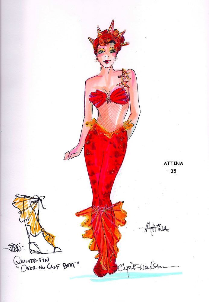 Attina in a red sequin mermaid tail with a coral crown, with skate detail, Disney On Ice: Worlds of Fantasy. Costume sketch by Cynthia Nordstrom