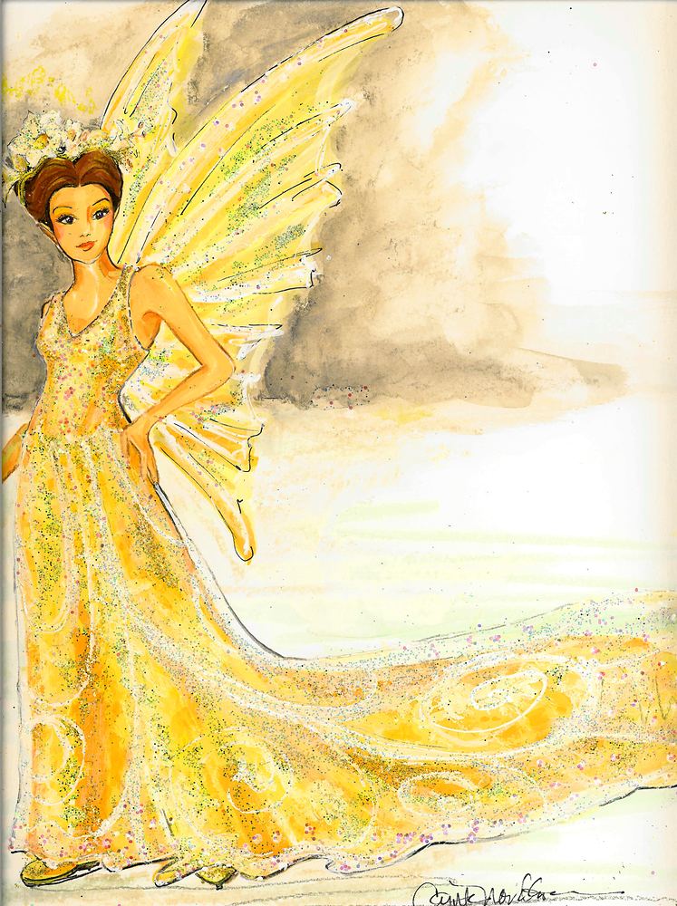 Queen Clarion in a flowing gold gown with gold wings, Disney On Ice: Worlds of Fantasy. Costume sketch by Cynthia Nordstrom