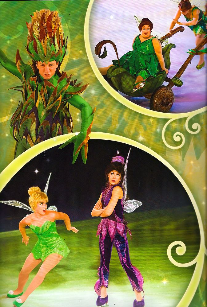 Program collage: a tree creature and Tinker Bell and Vidia skating, Disney On Ice: Worlds of Fantasy. Costume design by Cynthia Nordstrom