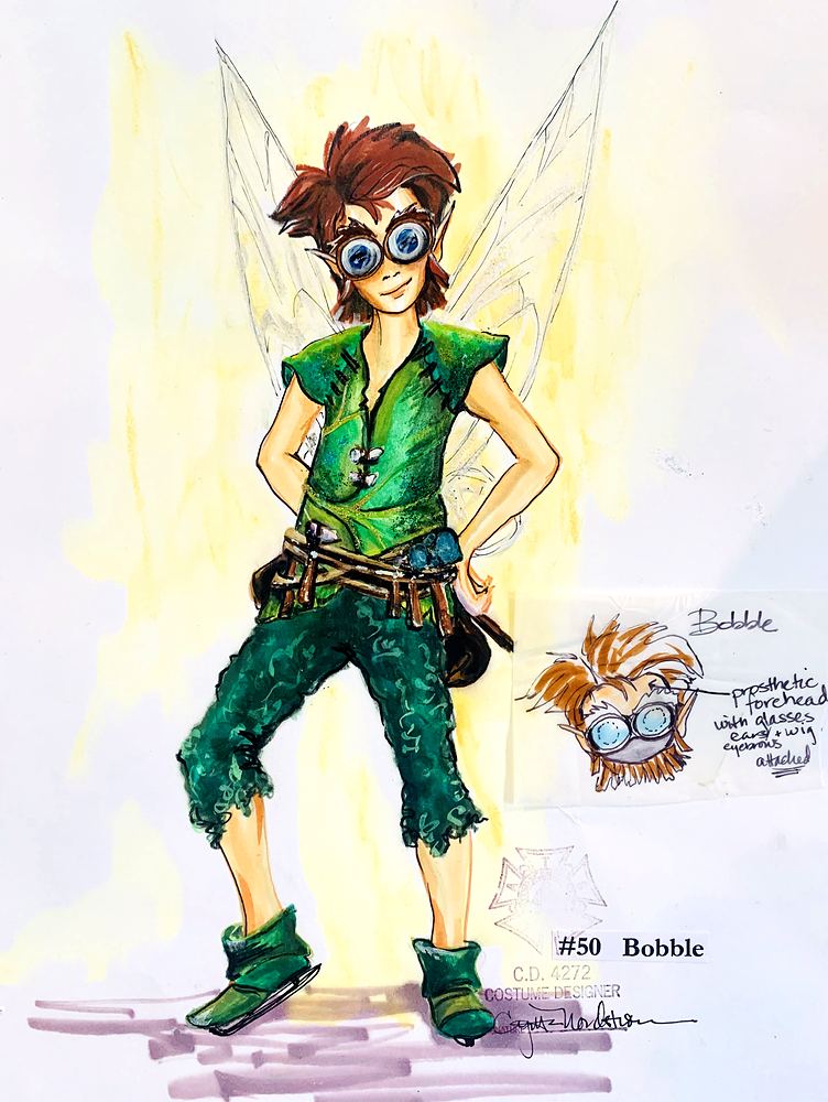 Bobble in a green leaf tunic, knee pants and big goggles with clear wings, Disney On Ice: Worlds of Fantasy. Costume sketch by Cynthia Nordstrom