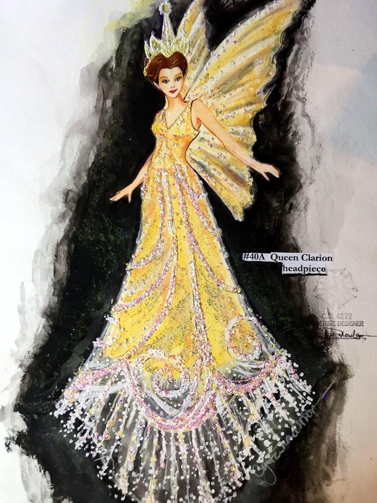 Queen Clarion in a gold beaded gown with large gold wings and crown, Disney On Ice: Worlds of Fantasy. Costume sketch by Cynthia Nordstrom