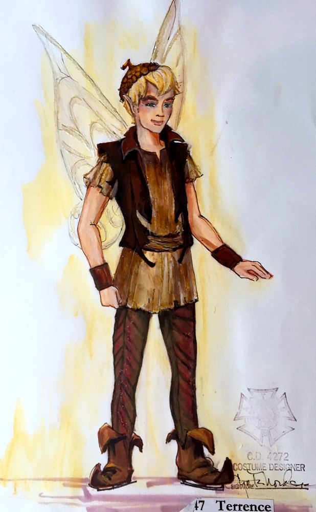 Terrence in a brown leather vest, tunic and boots with clear wings, Disney On Ice: Worlds of Fantasy. Costume sketch by Cynthia Nordstrom