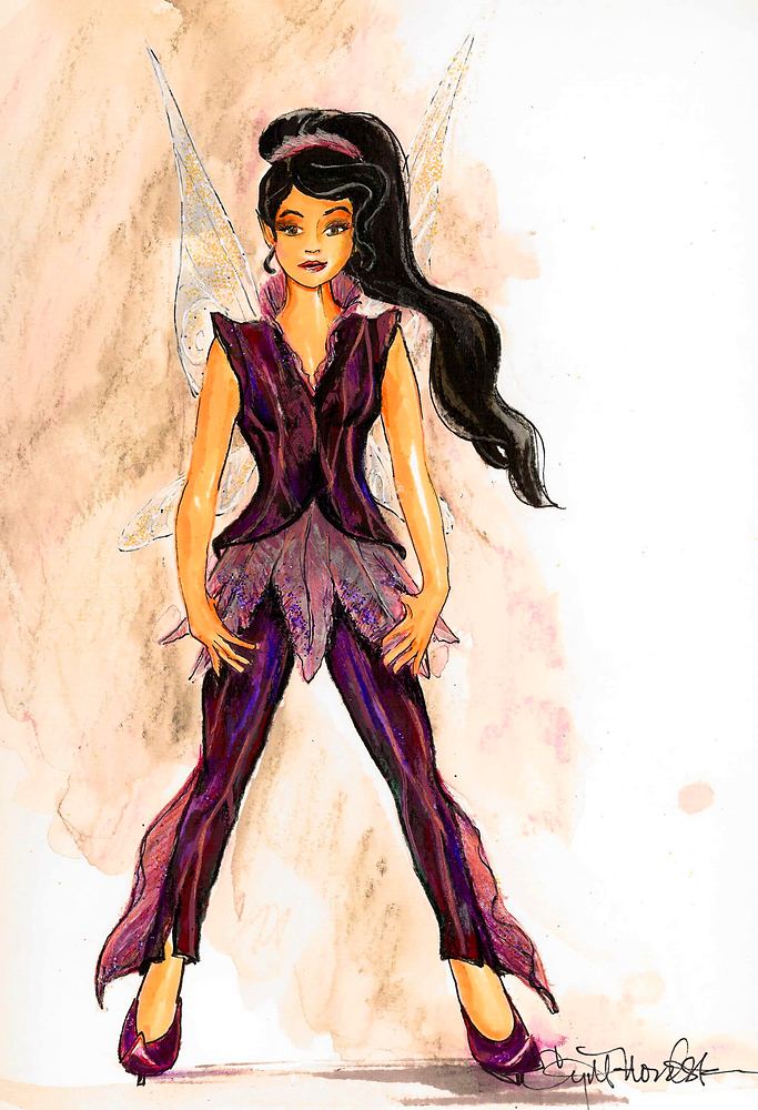 Vidia in a purple petal top and flared pants with dark wings, Disney On Ice: Worlds of Fantasy. Costume sketch by Cynthia Nordstrom