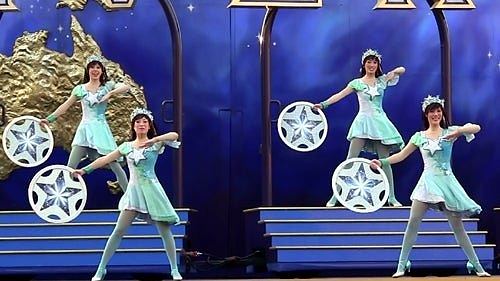 Dreams Are Universal: dancers in teal star costumes on the show stage, December 2011. Costume design by Cynthia Nordstrom