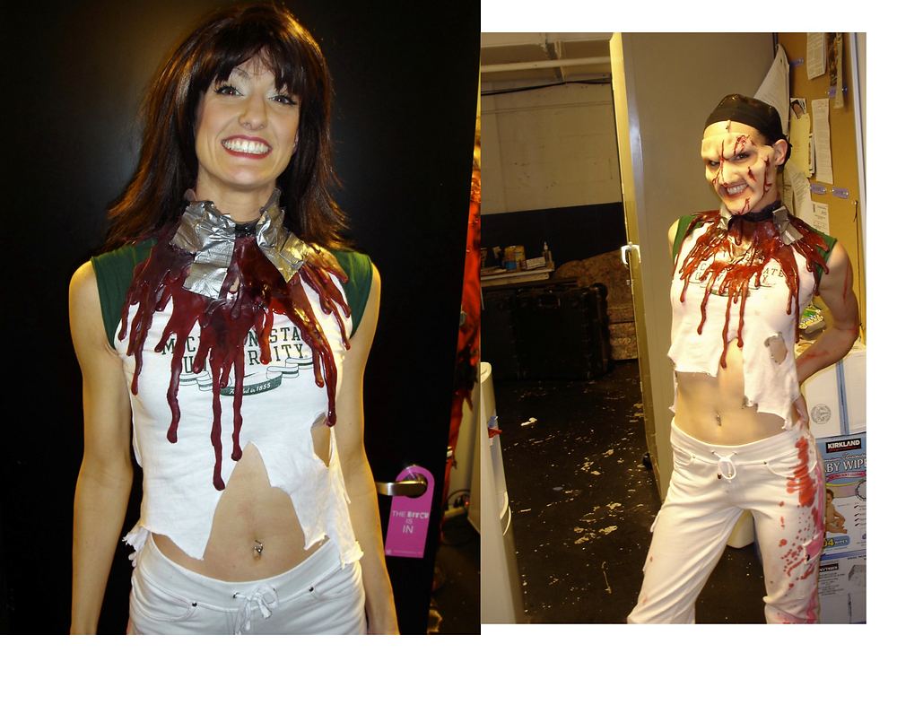 Blood-soaked white top costume effect, shown in two backstage photos, Evil Dead: The Musical. Costume design by Cynthia Nordstrom